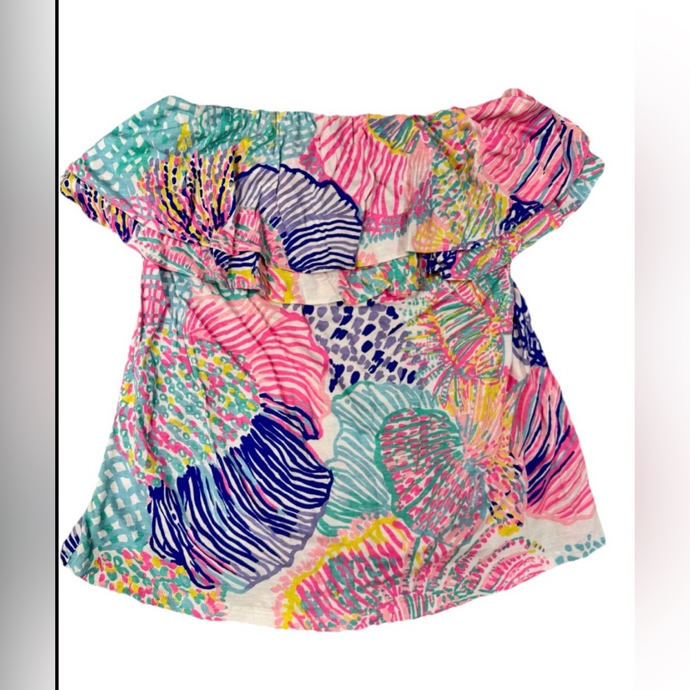 Lilly Pulitzer Roar of the Sea Pink Tube Cotton Ruffle Strapless Blouse S
